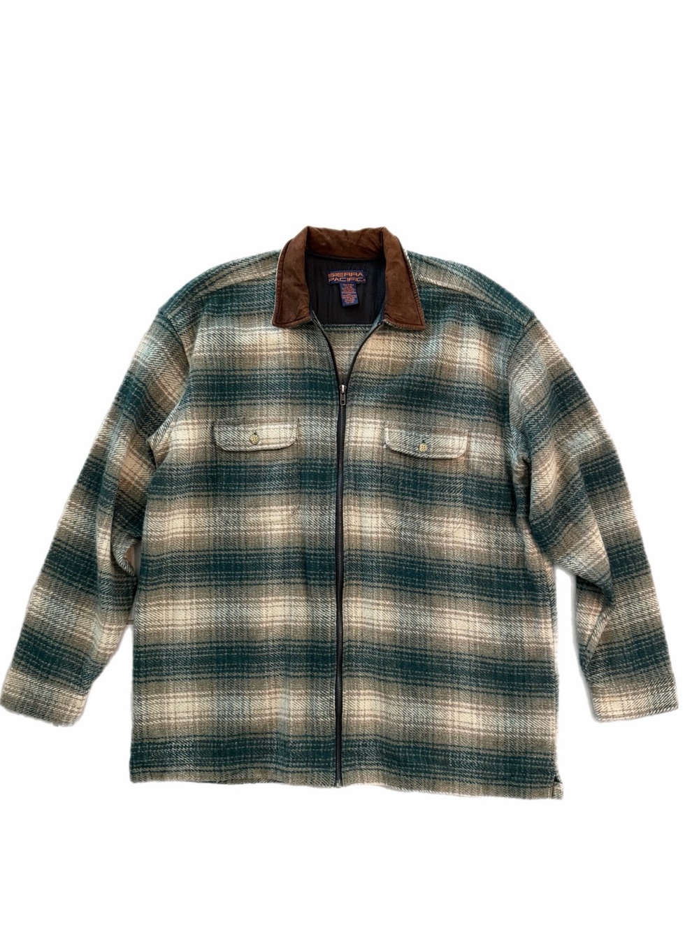 Vintage 90s Sierra Pacific Wool Plaid Zipper Jacket Men’s XL Leather Collar